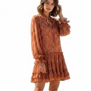 Kleid for Her Ruffle Leaf Print Mini Dress Rust Size S